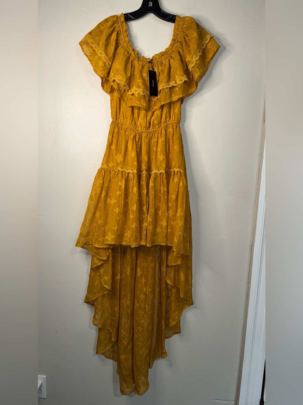 Arom Mustard Yellow Ruffled High-Low Tiered Dress